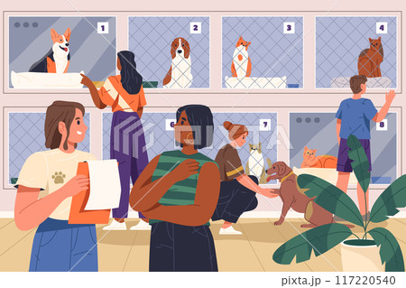 Animal shelter with cat, dog vector illustration 117220540