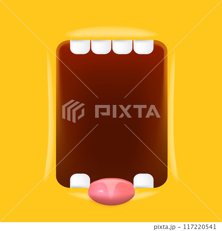 Vector Cartoon wide open mouth isolated on orange background. Funny and cute Halloween Monster open mouth with big white teeth and pink tongue 117220541