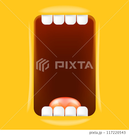 Vector Cartoon wide open mouth isolated on orange background. Funny and cute Halloween Monster open mouth with big white teeth and pink tongue 117220543