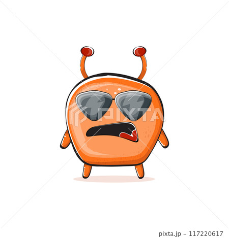 Vector cartoon funny orange alien monster isolated on transparent background. Smiling silly orange monster print sticker design template. Cute Ghost, troll, gremlin, goblin, devil and monster Vector cartoon funny orange alien monster isolated on transparent background. Smiling silly orange monster print sticker design template. Cute Ghost, troll, gremlin, goblin, devil and monster 117220617