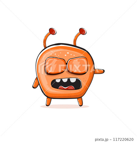 Vector cartoon funny orange alien monster isolated on transparent background. Smiling silly orange monster print sticker design template. Cute Ghost, troll, gremlin, goblin, devil and monster 117220620
