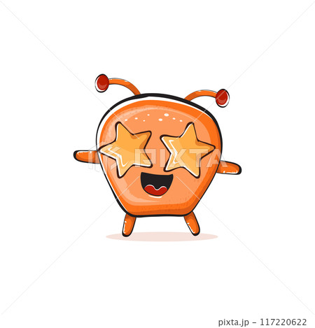 Vector cartoon funny orange alien monster isolated on transparent background. Smiling silly orange monster print sticker design template. Cute Ghost, troll, gremlin, goblin, devil and monster 117220622