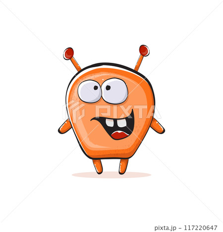 Vector cartoon funny orange alien monster isolated on transparent background. Smiling silly orange monster print sticker design template. Cute Ghost, troll, gremlin, goblin, devil and monster 117220647