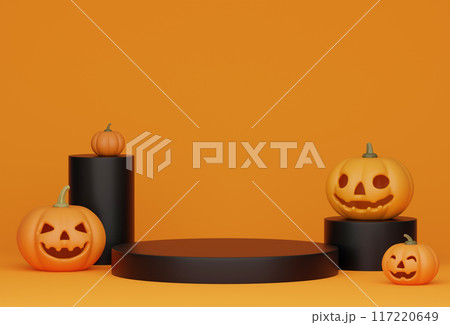 halloween concept orange background podium jack o lantern halloween concept orange background podium jack o lantern 117220649