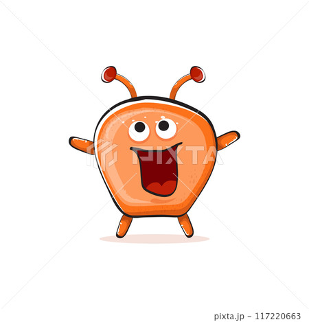 Vector cartoon funny orange alien monster isolated on transparent background. Smiling silly orange monster print sticker design template. Cute Ghost, troll, gremlin, goblin, devil and monster Vector cartoon funny orange alien monster isolated on transparent background. Smiling silly orange monster print sticker design template. Cute Ghost, troll, gremlin, goblin, devil and monster 117220663