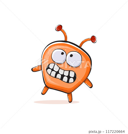 Vector cartoon funny orange alien monster isolated on transparent background. Smiling silly orange monster print sticker design template. Cute Ghost, troll, gremlin, goblin, devil and monster 117220664