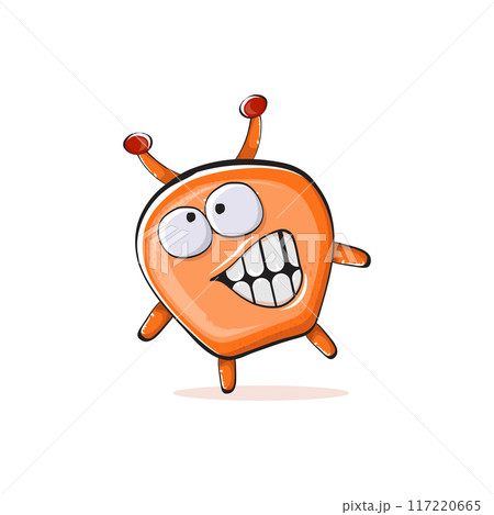 Vector cartoon funny orange alien monster isolated on transparent background. Smiling silly orange monster print sticker design template. Cute Ghost, troll, gremlin, goblin, devil and monster Vector cartoon funny orange alien monster isolated on transparent background. Smiling silly orange monster print sticker design template. Cute Ghost, troll, gremlin, goblin, devil and monster 117220665