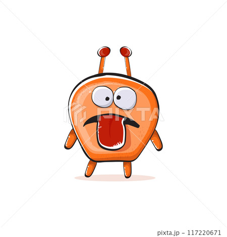 Vector cartoon funny orange alien monster isolated on transparent background. Smiling silly orange monster print sticker design template. Cute Ghost, troll, gremlin, goblin, devil and monster 117220671