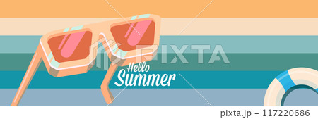 Super Hello summer vector banner with text and retro yellow sunglasses isolated on stripped background. Hello summer poster design template with cartoon sunglasses, retro rainbow, summer vibe 117220686