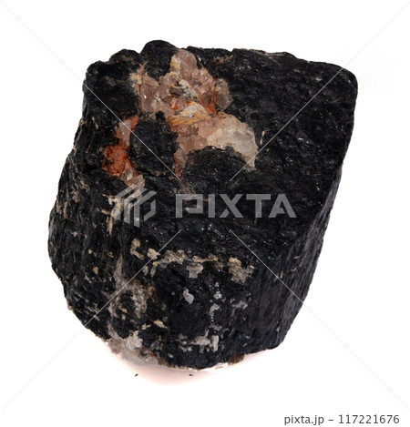 natural black tourmaline scherl on the white background natural black tourmaline scherl on the white background 117221676