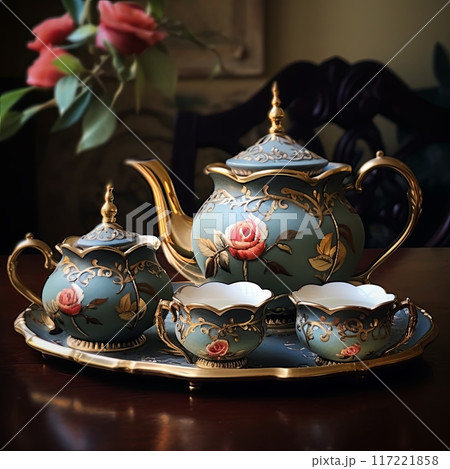 Ornate metal teapot with sugar bowl, teacups, and golden tray with pink rose Ornate metal teapot with sugar bowl, teacups, and golden tray with pink rose 117221858