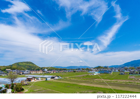 奈良県橿原市　新沢千塚古墳群公園から見渡す畝傍山と橿原市街 117222444