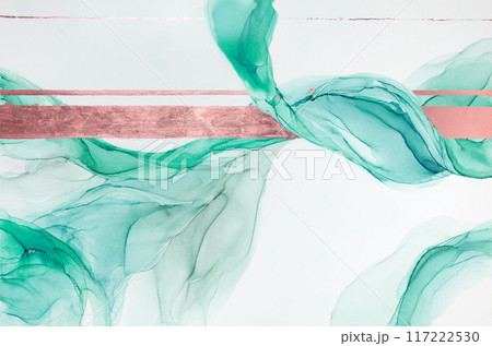 Elegant Turquoise and Rose Gold Abstract Art With Flowing Fluid Shapes on White Background 117222530