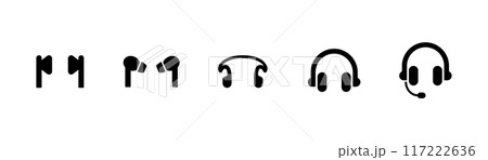 いろいろなタイプのイヤホンのベクターアイコンセット いろいろなタイプのイヤホンのベクターアイコンセット 117222636