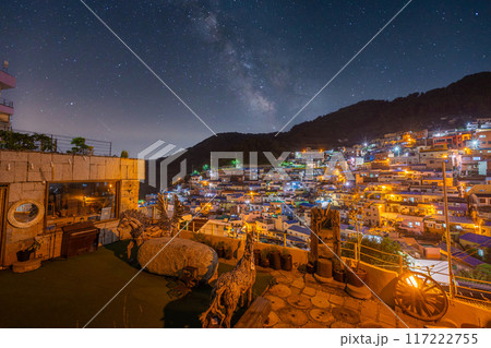 Gamcheon Culture Village at Night in Busan and the Milky Way in the background, Busan, South Korea. 117222755