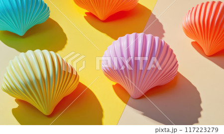 This artwork depicts Colorful Shells beautifully arranged on a Vibrant Creative Background 117223279