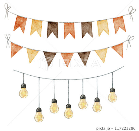 Autumn garlands watercolor set with pennant and light bulbs on isolated background. Illustration of hanging and bunting for harvest festival or Oktoberfest greeting cards design. Drawing for Halloween 117223286