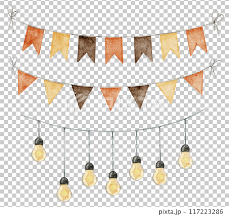 Autumn garlands watercolor set with pennant and light bulbs on isolated background. Illustration of hanging and bunting for harvest festival or Oktoberfest greeting cards design. Drawing for Halloween 117223286
