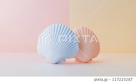 Stylish Pastel Shells on a Soft and Serene Background for Aesthetic Appeal and Design 117223287