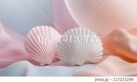 Stylish Pastel Shells on a Soft and Serene Background for Aesthetic Appeal and Design 117223290