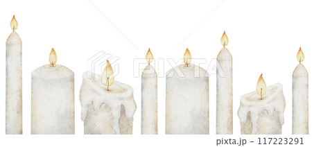 Candle watercolor seamless border. Illustration of pattern for party greeting card or invitation. Frame for celebration with lighting and glowing home decor. Mystery candlelight for banner background 117223291