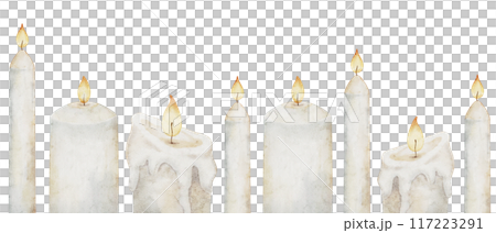 Candle watercolor seamless border. Illustration of pattern for party greeting card or invitation. Frame for celebration with lighting and glowing home decor. Mystery candlelight for banner background 117223291