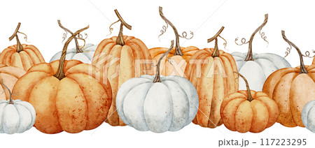 Pumpkin seamless border. Watercolor illustration of seamless pattern with autumn orange and white gourds on isolated background. Fall ornament for harvest festival or Halloween greeting cards. Pumpkin seamless border. Watercolor illustration of seamless pattern with autumn orange and white gourds on isolated background. Fall ornament for harvest festival or Halloween greeting cards. 117223295