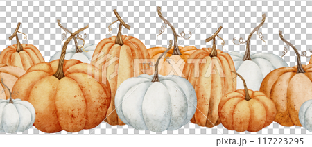Pumpkin seamless border. Watercolor illustration of seamless pattern with autumn orange and white gourds on isolated background. Fall ornament for harvest festival or Halloween greeting cards. 117223295