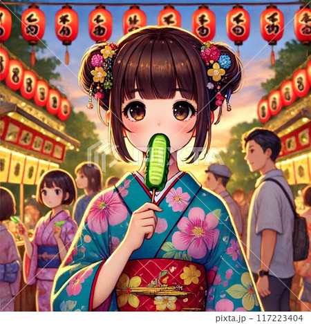 日本の夏祭りできゅうりを楽しむ若い女の子のカラフルなイラスト 117223404