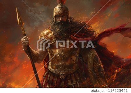 A fierce Carthaginian general stands ready for battle, adorned in ornate armor, wielding a spear, surrounded by flames and chaos, embodying strength and leadership. 117223441