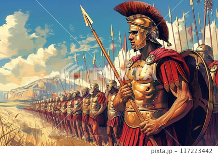 A resolute Carthaginian general stands at the forefront, guiding his troops in formation under a vibrant dusk sky. 117223442