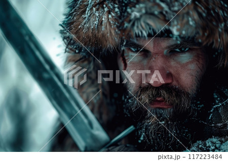 A fierce Cossack warrior, clad in fur, grips a sword tightly, his steely gaze focused against a backdrop of swirling snow. 117223484