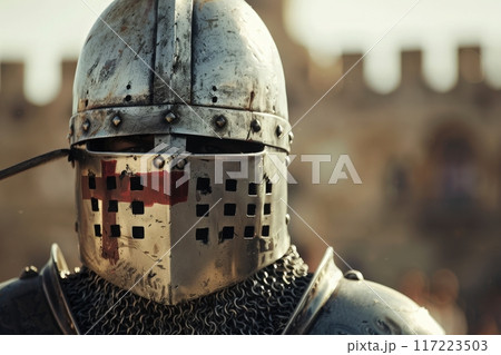 A fierce warrior clad in gleaming armor stands resolutely, ready for the impending conflict as the sun rises in the background. 117223503