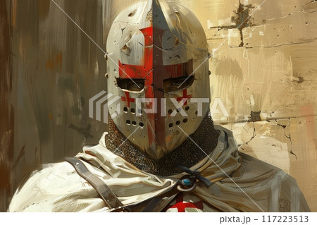 A stoic warrior clad in battle armor, adorned with a red cross, stands vigilant amidst weathered stone ruins as dusk settles around him. 117223513