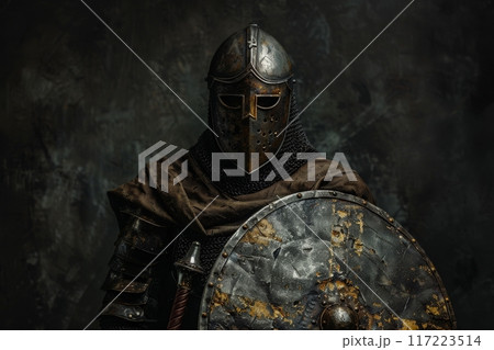 A fierce crusader warrior stands resolute, clad in detailed armor and holding a weathered shield, evoking an aura of strength and bravery in a shadowy setting. 117223514