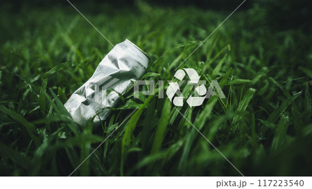 Recycling aluminum cans, aluminum trash cans on the lawn 117223540