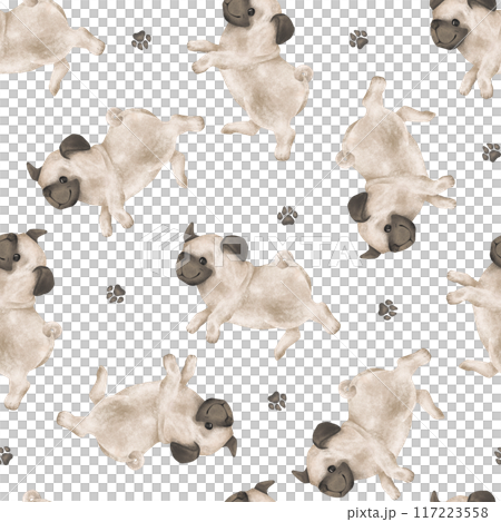 Seamless pattern of animal dogs and paws for kids. Hand drawn illustration of pug running or jumping on isolated background. Minimalist Scandinavian style. Cute pets for kids post or stickers 117223558