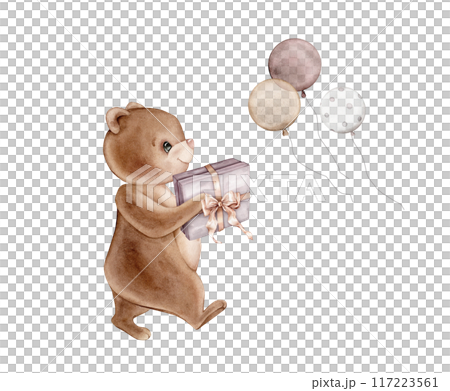 Teddy Bear and gift watercolor illustration. Hand drawn sketch of little cute animal and balloon in pastel colors for Baby shower invitations for birthday greeting cards. Drawing for childish design. 117223561