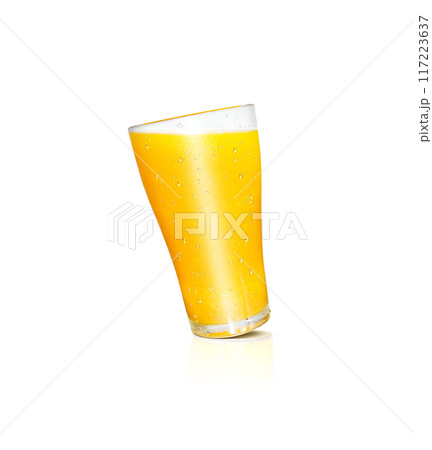 A glass of orange juice has orange pulp mixed on a white background. with reflections of orange glass A glass of orange juice has orange pulp mixed on a white background. with reflections of orange glass 117223637