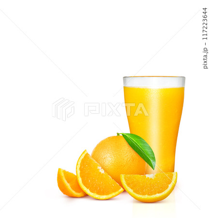 A glass of orange juice. Oranges and oranges cut into pieces. with green leaves isolated on white background 117223644