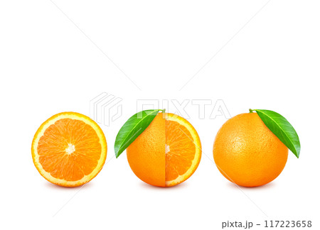Orange with cut in half and green leaves isolated on white background. 117223658