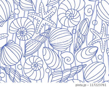 Bright seamless pattern with various blue shells and starfish on a white background. Image on a marine theme. Bright seamless pattern with various blue shells and starfish on a white background. Image on a marine theme. 117223761