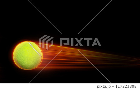 Tennis ball flying with fast magic effect in black background orange flame. 117223808