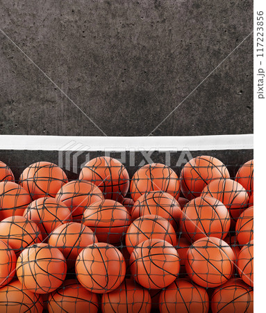 Several basketball balls in the net. Cement background. Several basketball balls in the net. Cement background. 117223856