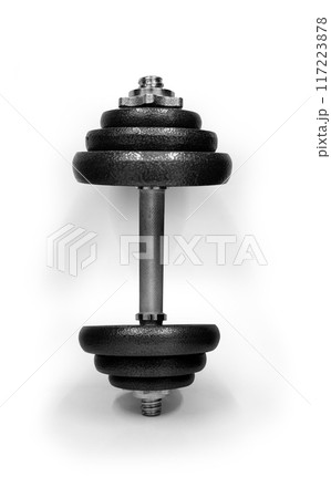Metal dumbbells. Vertical view isolated on white background. Gym, fitness and sports equipment symbol. 117223878