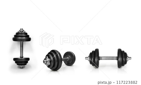 Metal dumbbells. Isolated on white background. Gym, fitness and sports equipment symbol. Area for entering text 117223882