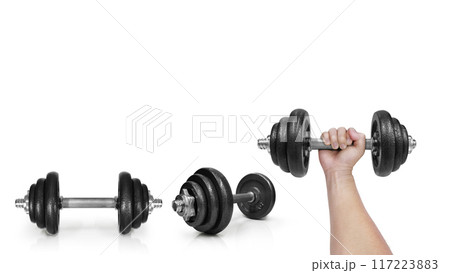Metal dumbbells. Isolated on white background. Gym, fitness and sports equipment symbol. Area for entering text 117223883