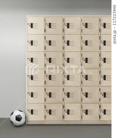 Locker or gym locker and soccer ball inside room Locker or gym locker and soccer ball inside room 117223940