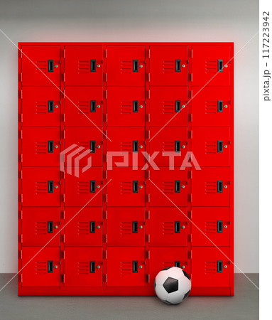 Red locker or gym locker and soccer ball inside room Red locker or gym locker and soccer ball inside room 117223942