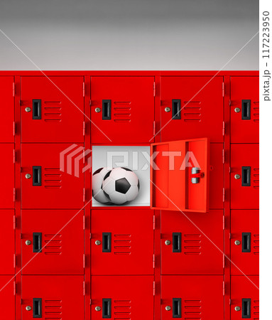 Soccer ball in red locker or gym locker in room Soccer ball in red locker or gym locker in room 117223950